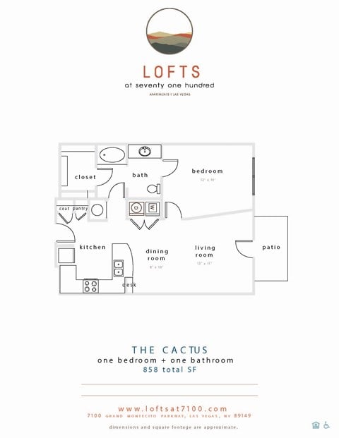 Floor plan for 1 bed, 1 bath, 858 sqft